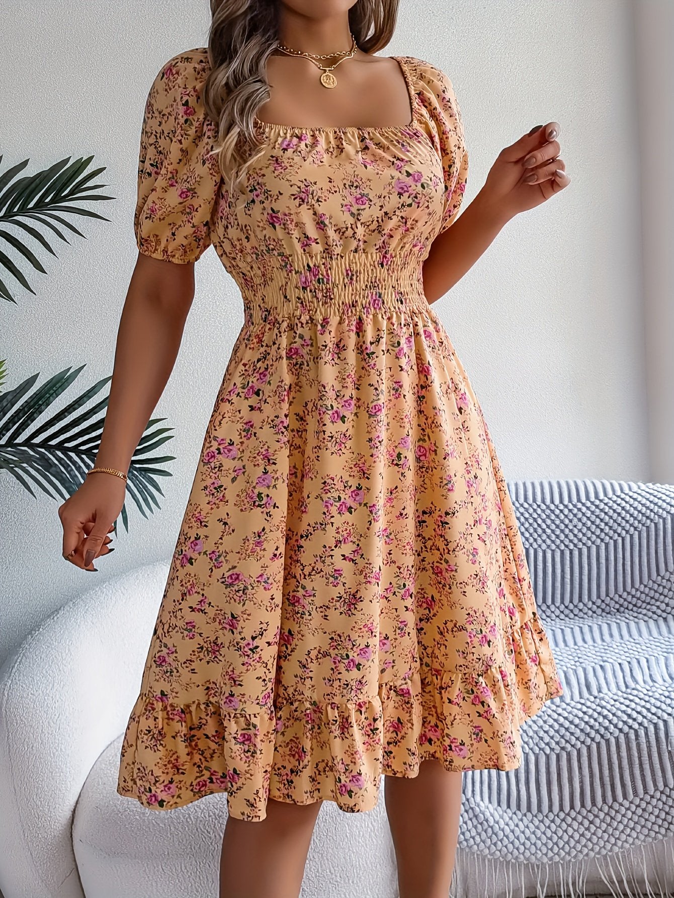 Floral Print Square Neck Midi Dress