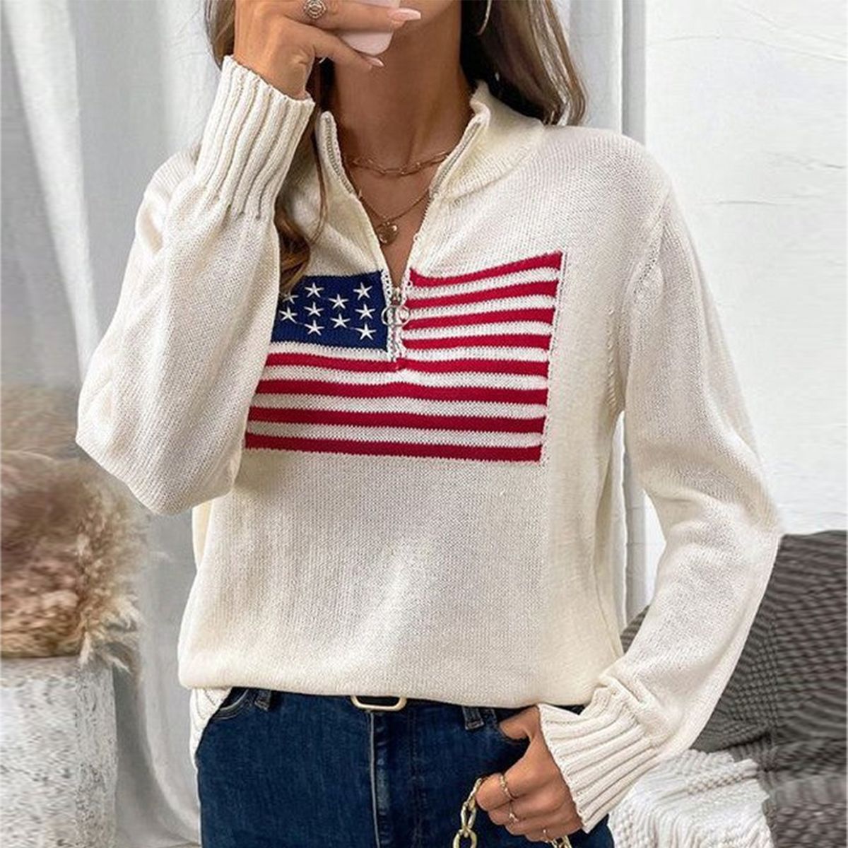 Trendy Zip V-Neck Long Sleeve Sweater