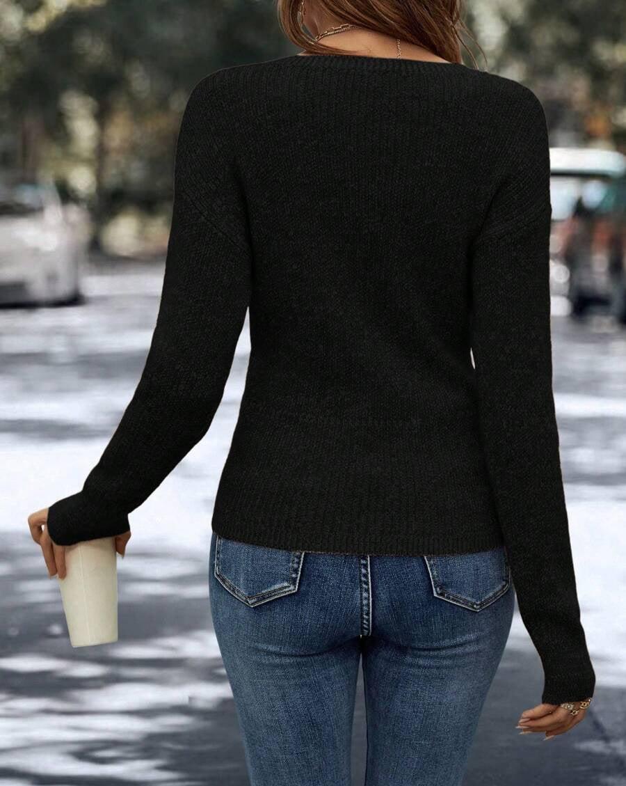 Black Plain V-Neck Sweater