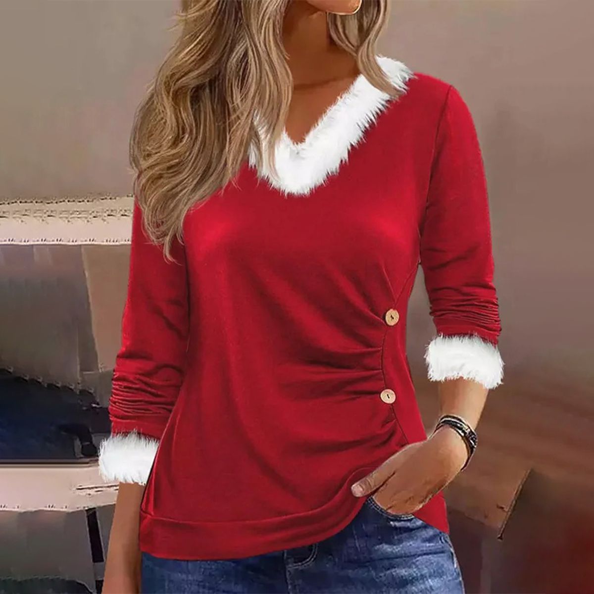 Red V-Neck Color Block Top