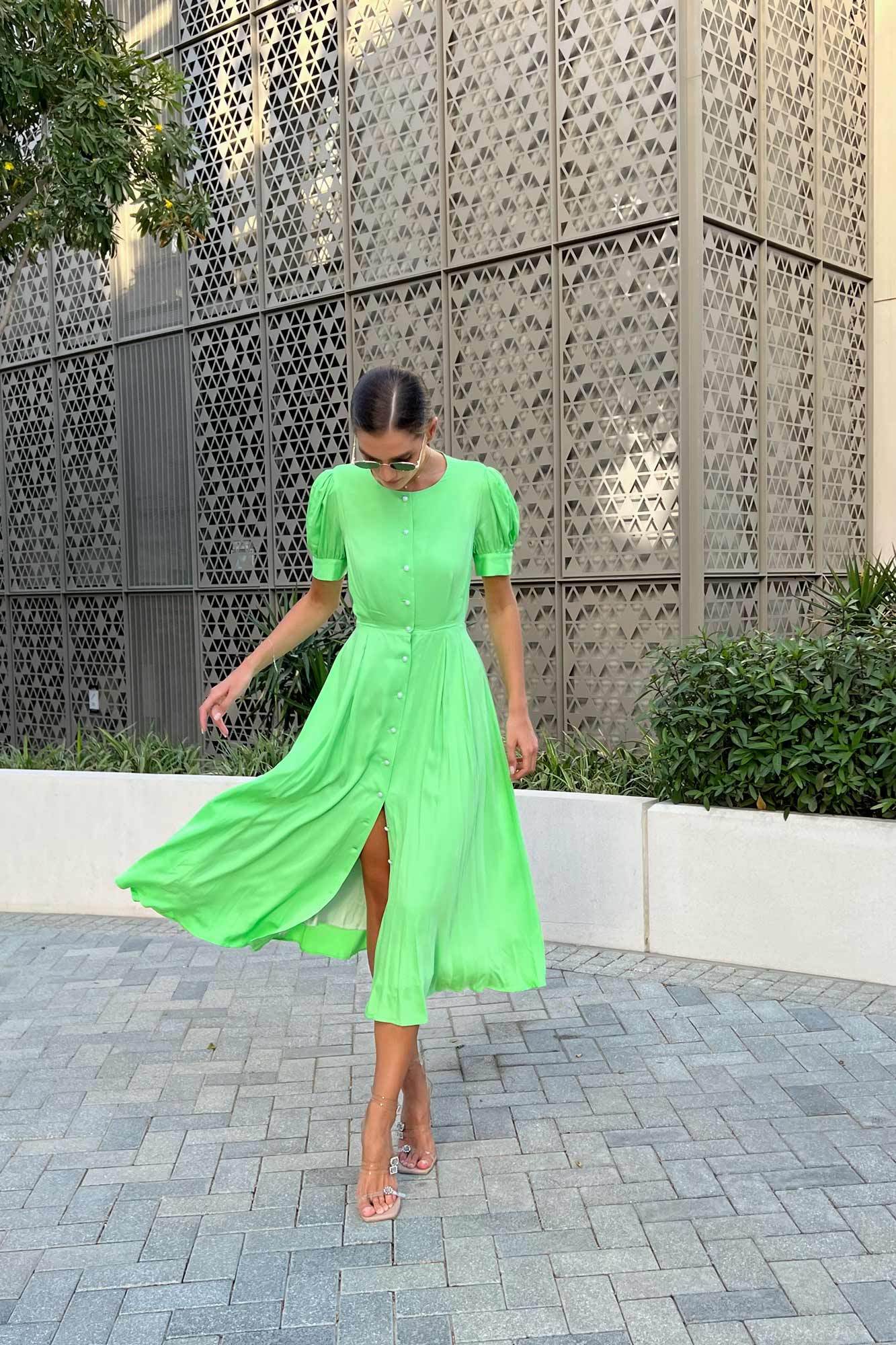 Solid Color Short Sleeves Button Front Midi Dress