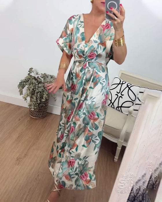 Elegantes Maxikleid mit V-Ausschnitt und botanischem Print 