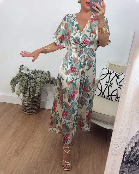 Elegant Twist V-Neck Botanical Print Maxi Dress