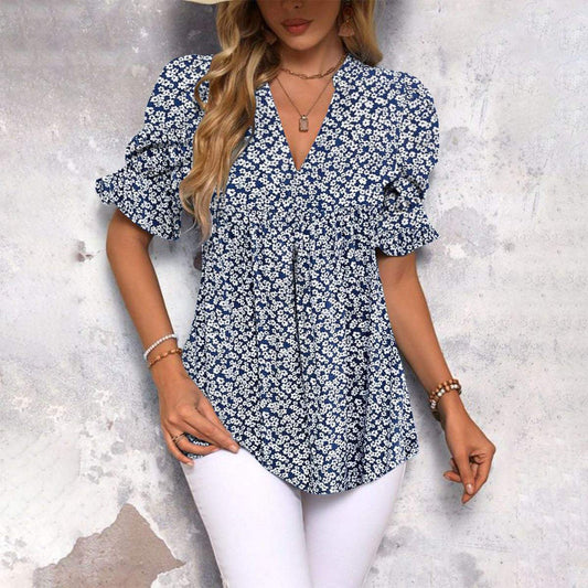 Chic Ditsy Floral Print Short Sleeve Top