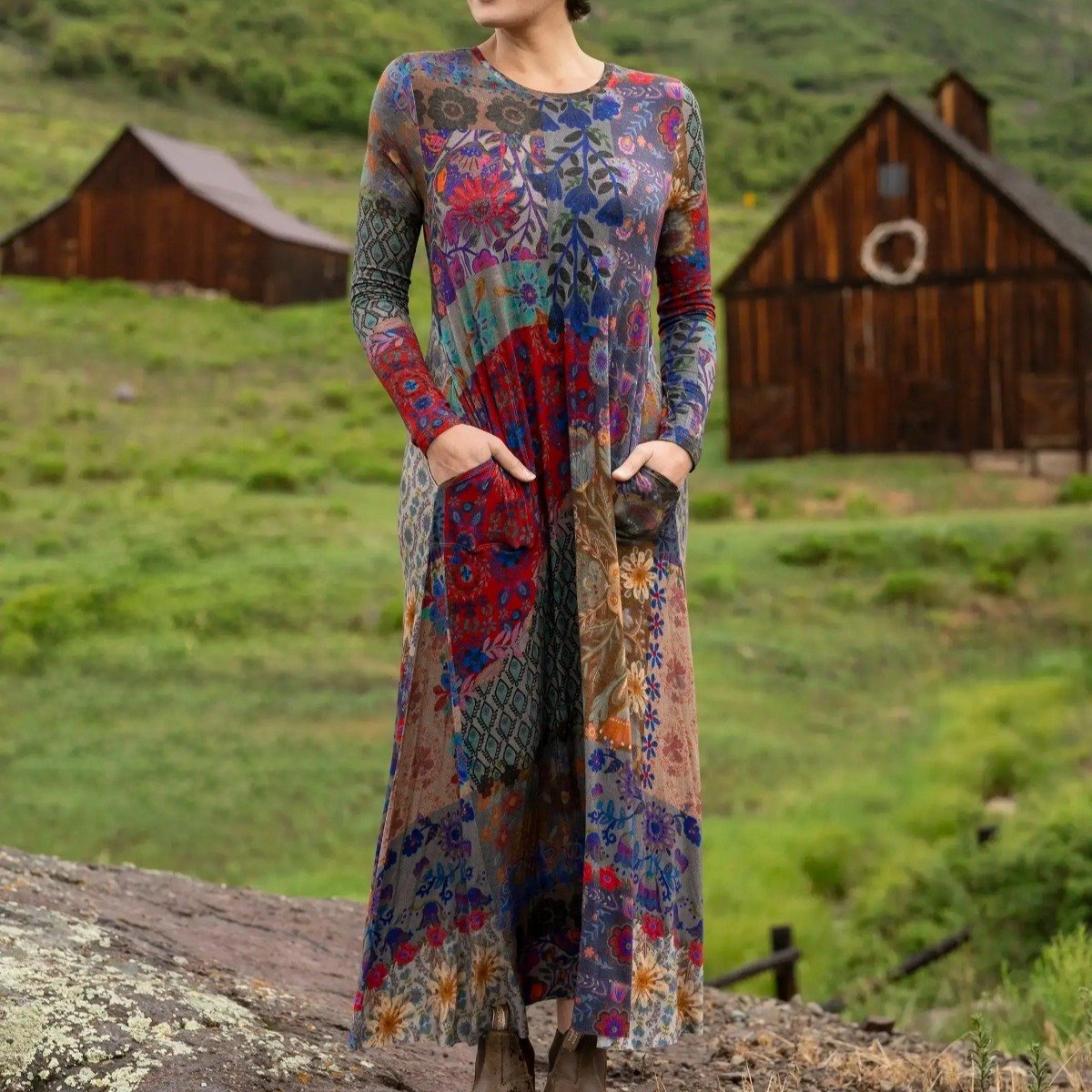 Multicolour Printed Long Sleeve Round Neck Dress