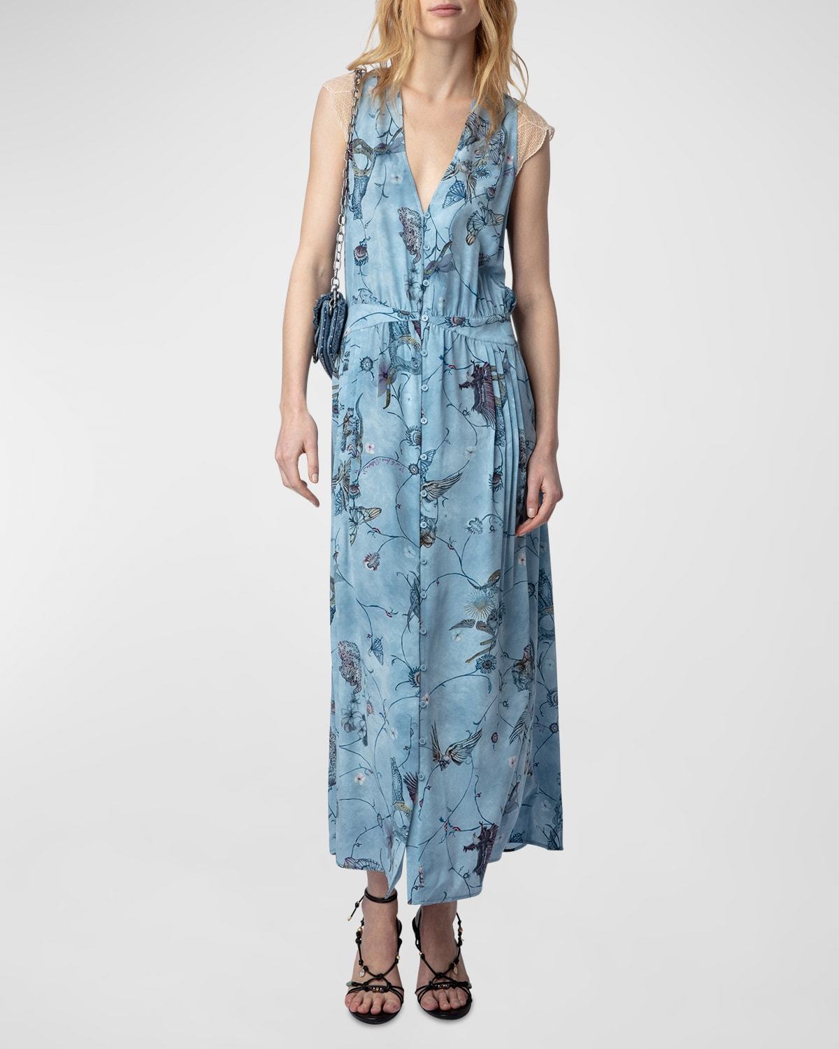 Blue Sleeveless Button V-Neck Maxi Dress