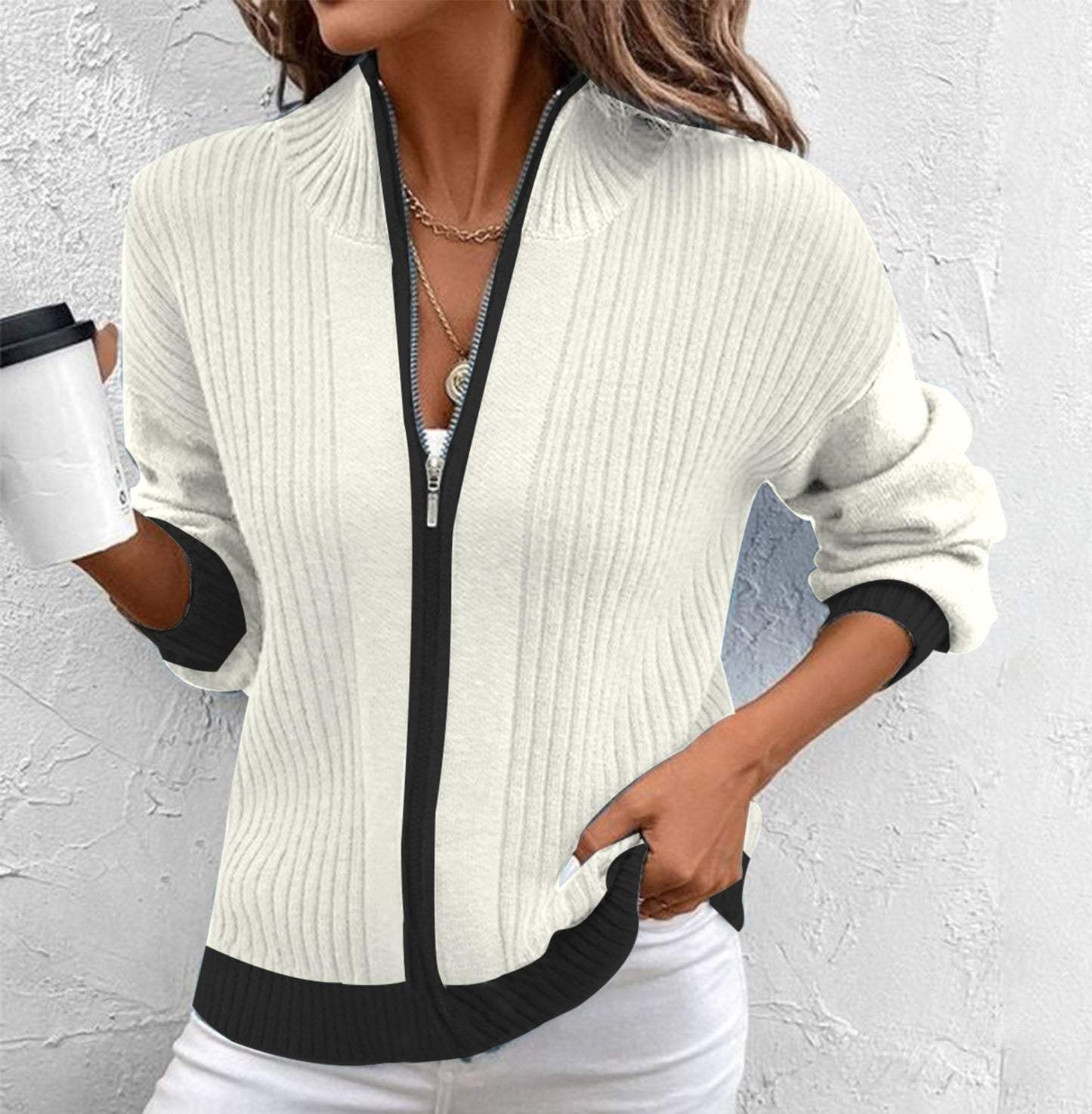 Unique Trim Zip V-Neck Cardigan