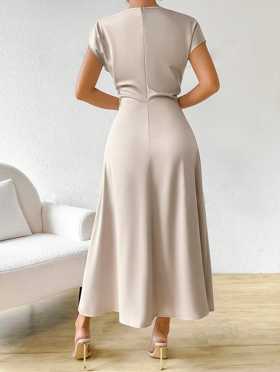 Solid V-Neck Batwing Sleeve Satin A-Line Maxi Dress