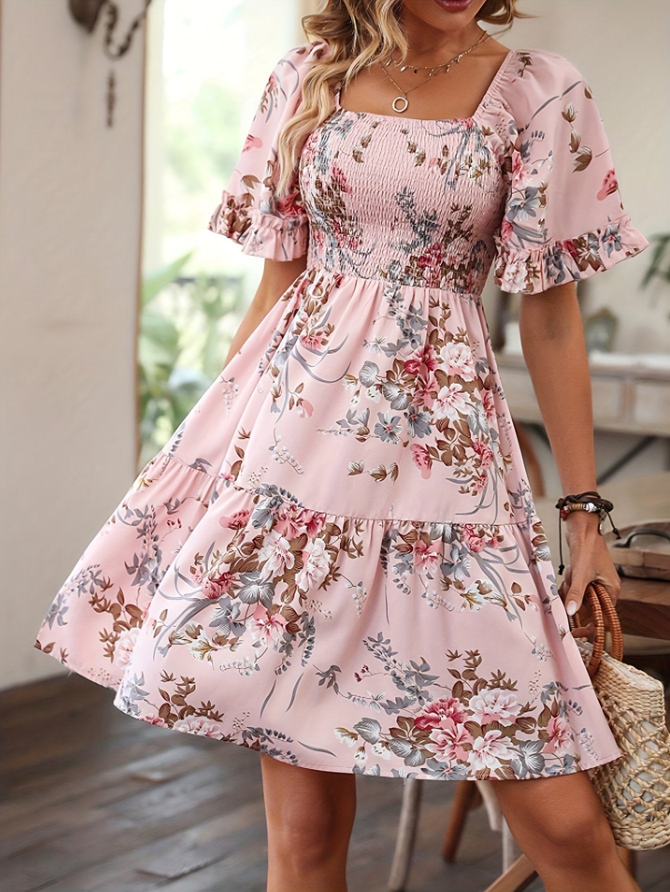 Pink Charming Floral Print Short Sleeve Mini Dress