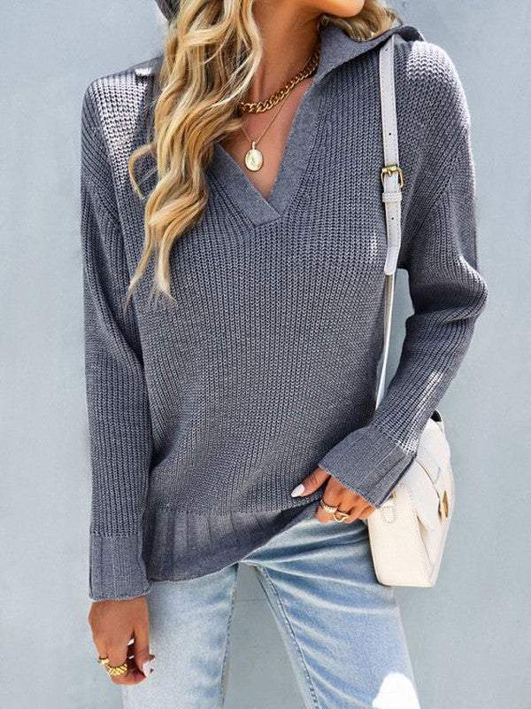 Grey V-Neck Long Sleeve Sweater