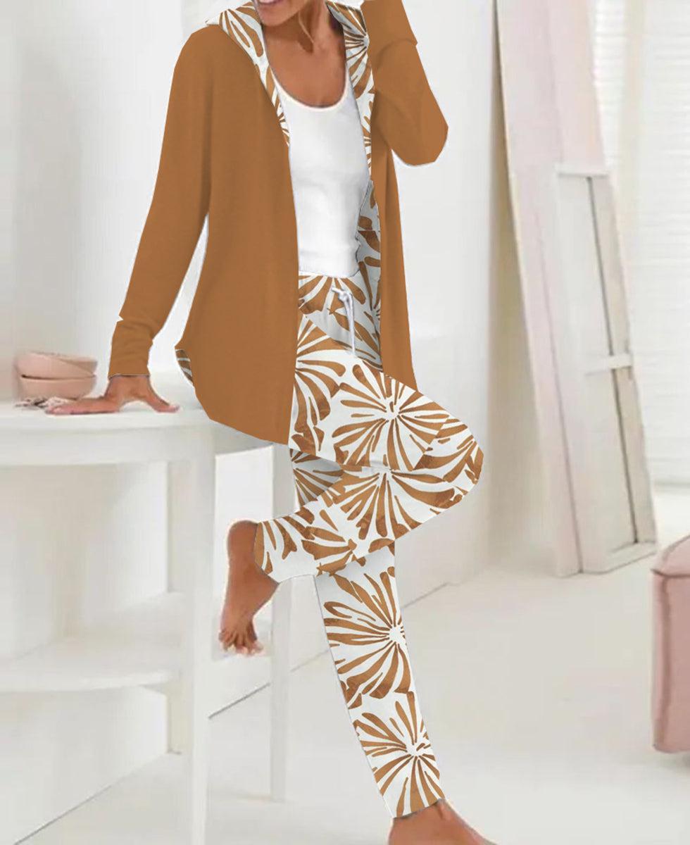 Brown Plant Print Hoodie Two Piece Set