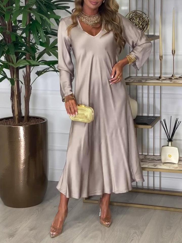 Chic Plain V-Neck Long Sleeve Maxi Dress