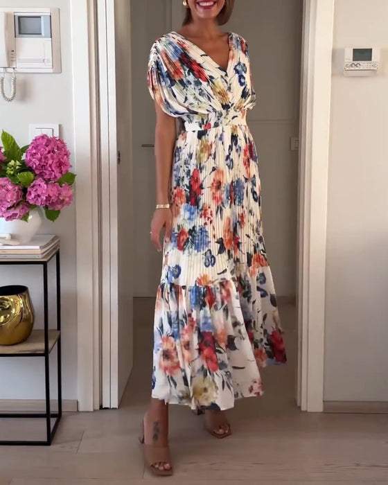 Elegant Floral Pleated Maxi Dress