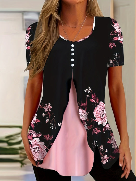 Charming Floral Print V-Neck Short Sleeve Top