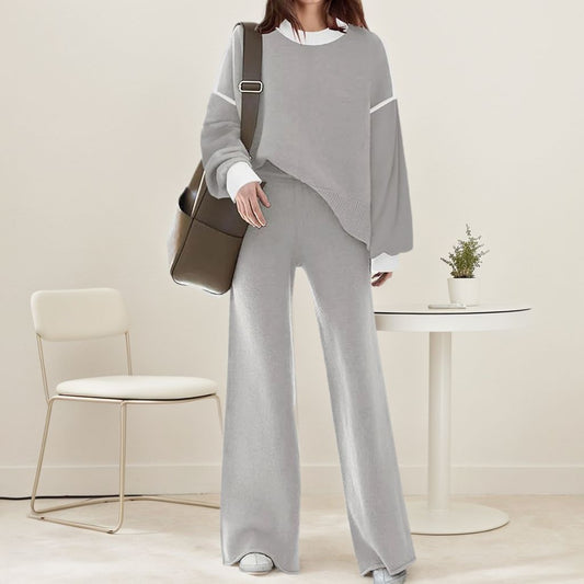 Grey Round Neck Long Sleeve Two Piece Set