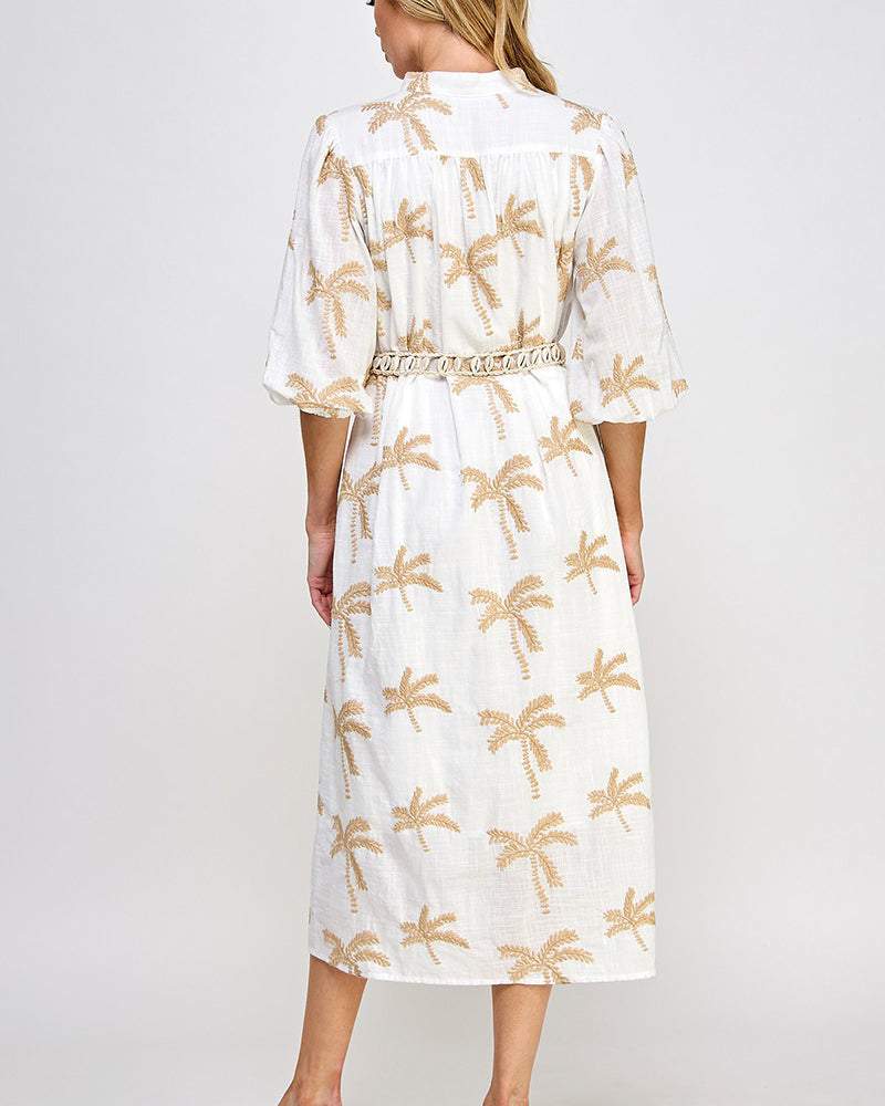 Palms Embroidered Belt Midi Dress