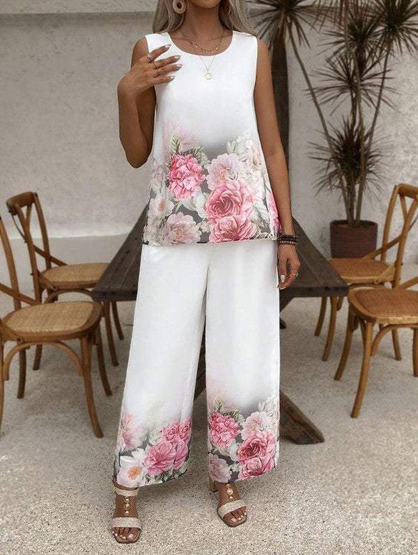 Elegant Floral Print Sleeveless Two Piece Set