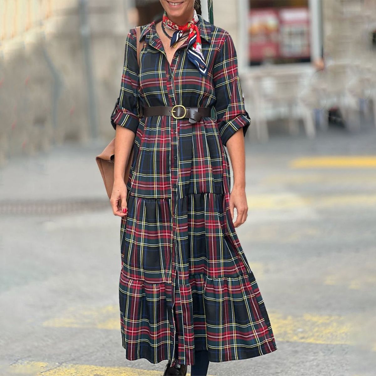 Popular Plaid Print Collared Long Sleeve Maxi Dress