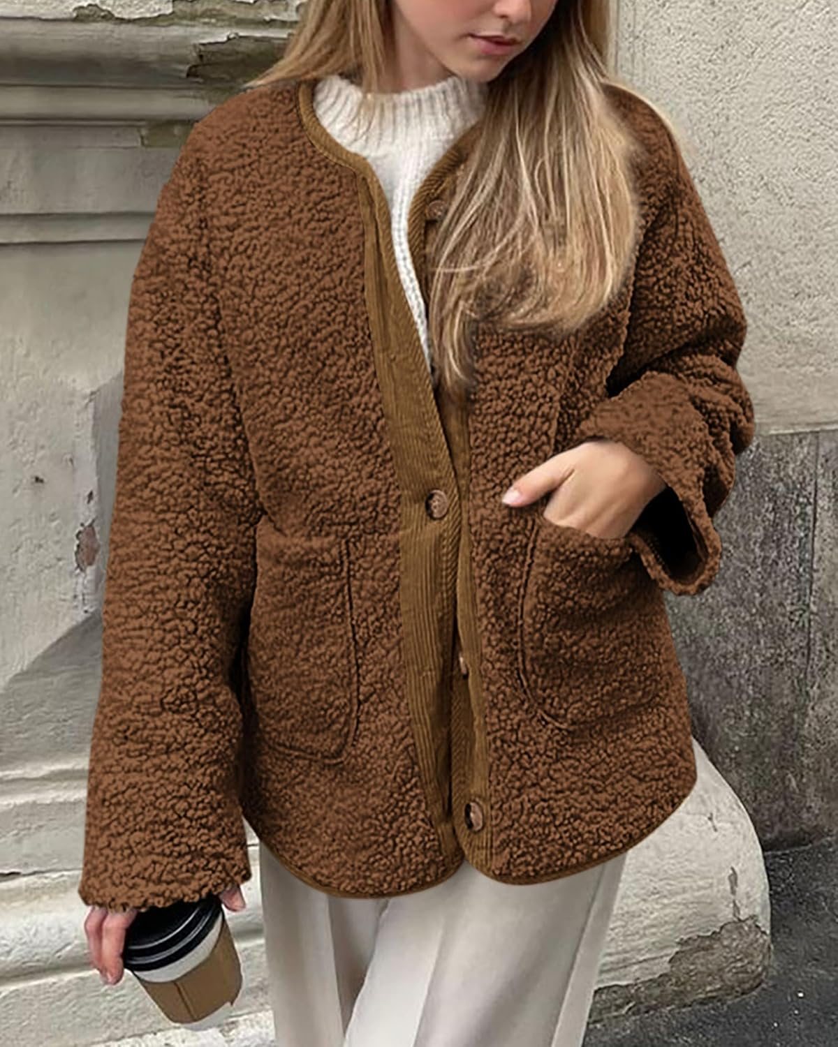 Casual Fuzzy Fleece Long Sleeve Button Jacket