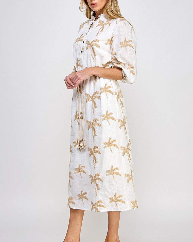 Palms Embroidered Belt Midi Dress