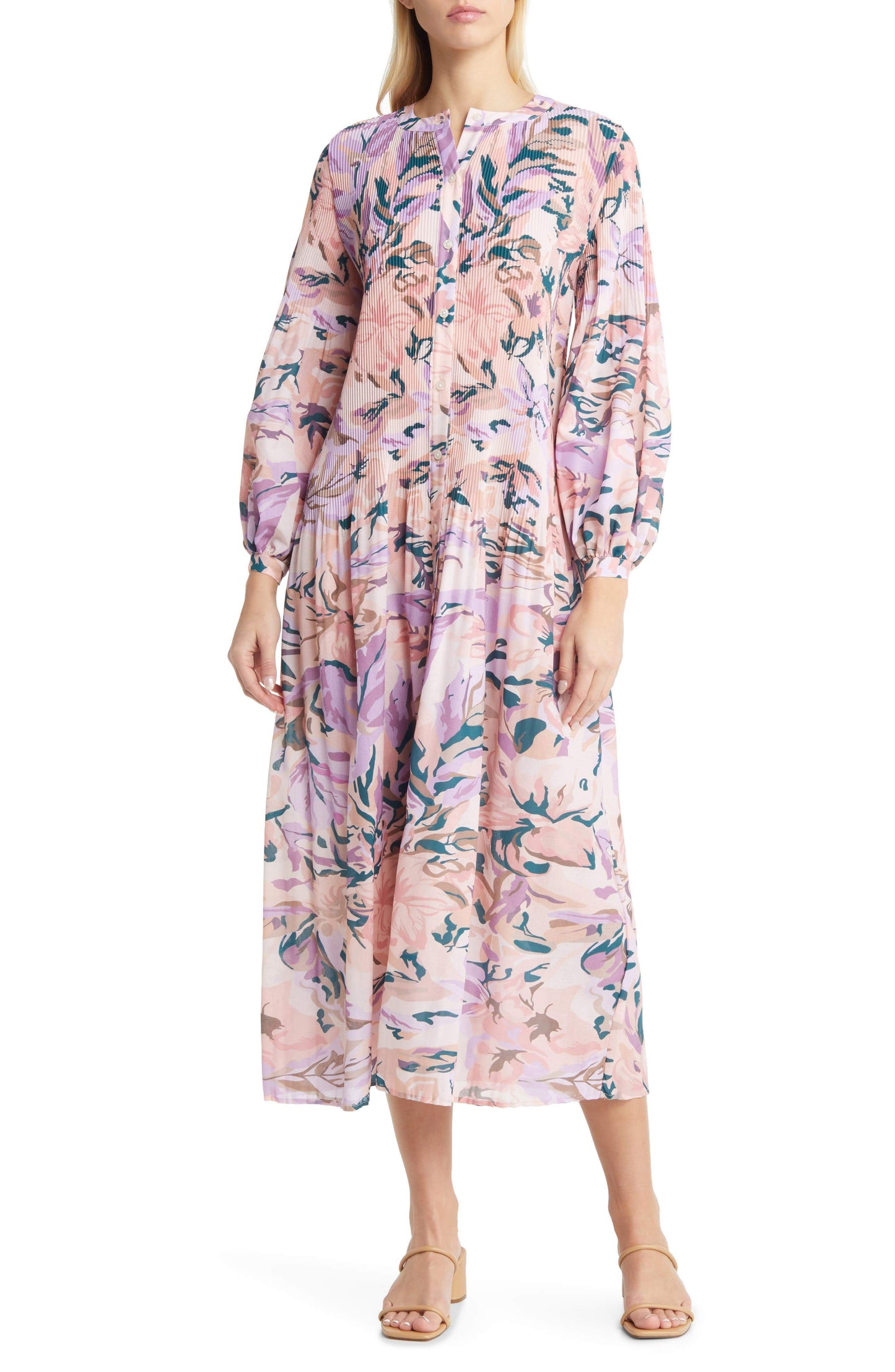 Floral Drop Waist Balloon Sleeve Midi Dress