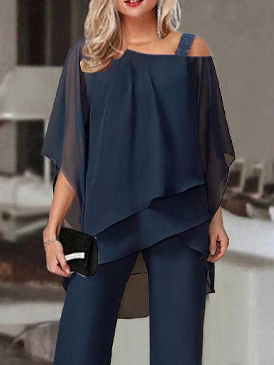 Navy Cold Shoulder Ruffled Tiered Two Piece Set