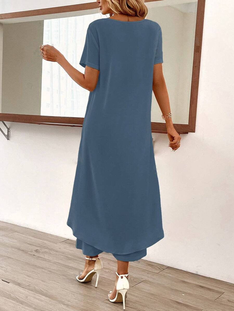 Blue Round Neck Two Piece Set