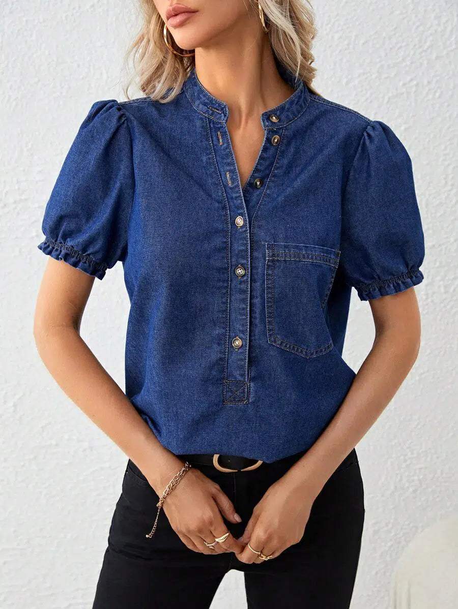 Chic Denim Short Sleeve Plain Top