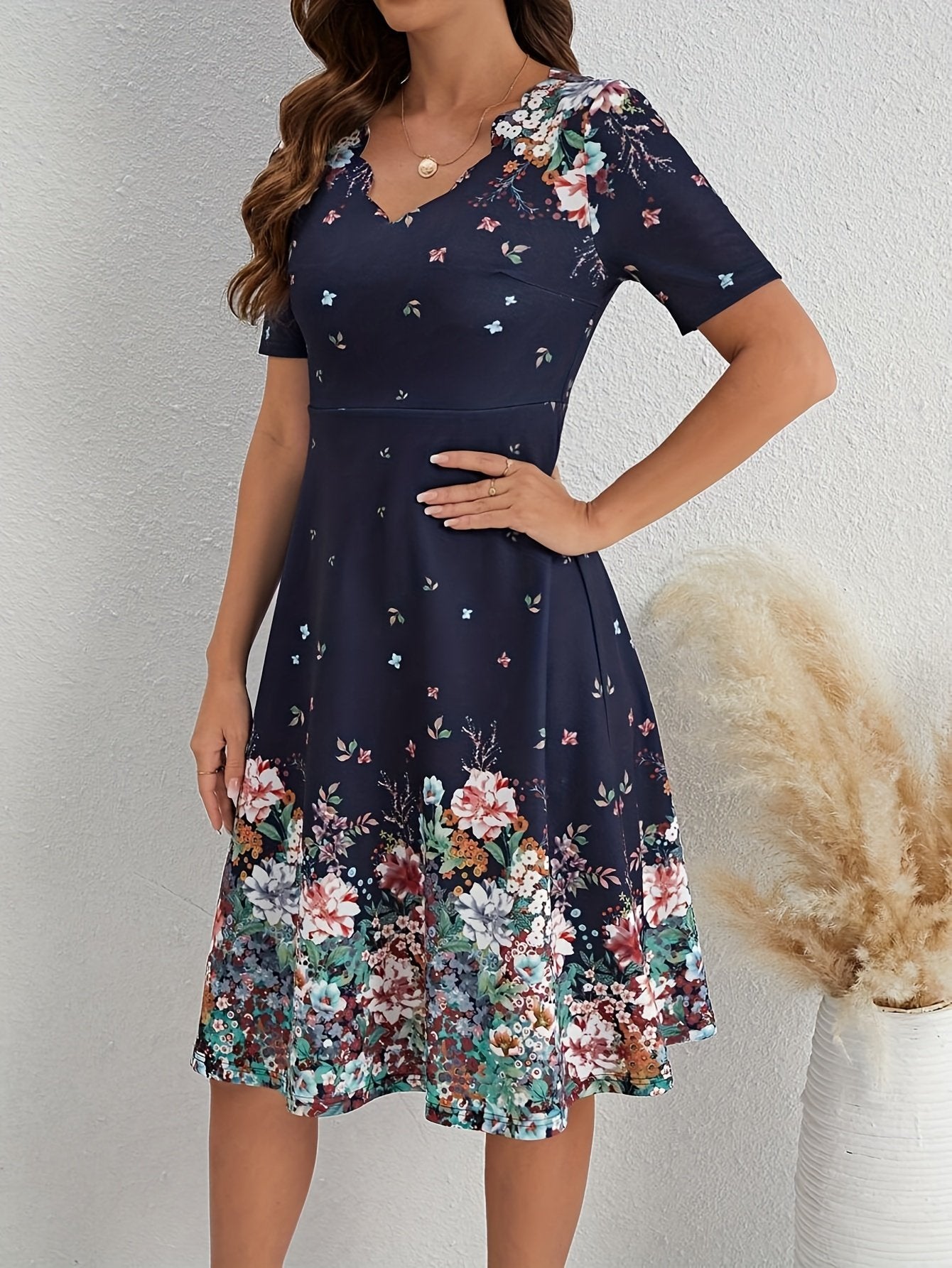 Navy Short Sleeve Stunning Floral Midi Dress