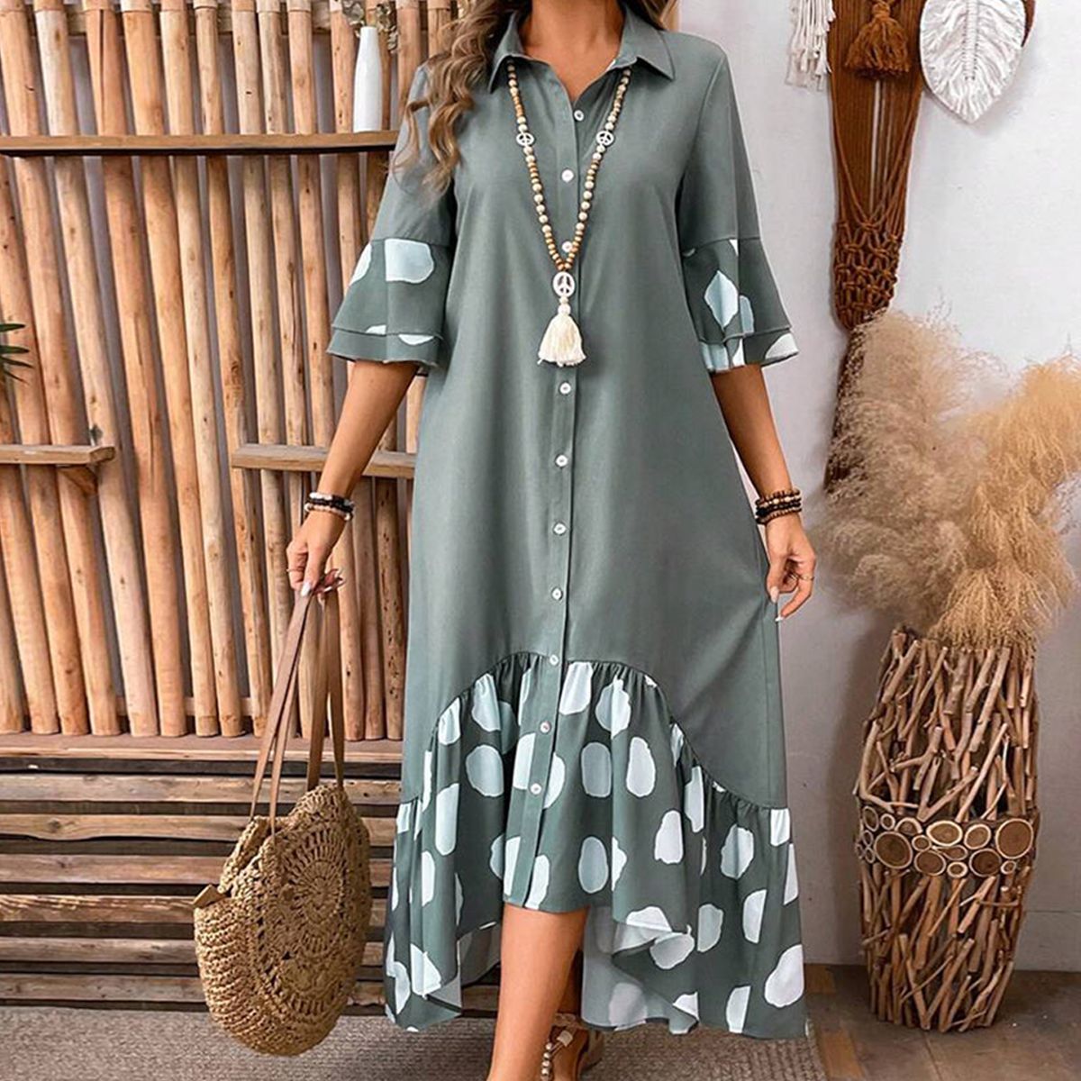 Trendy V-Neck 3/4 Sleeve Maxi Dress