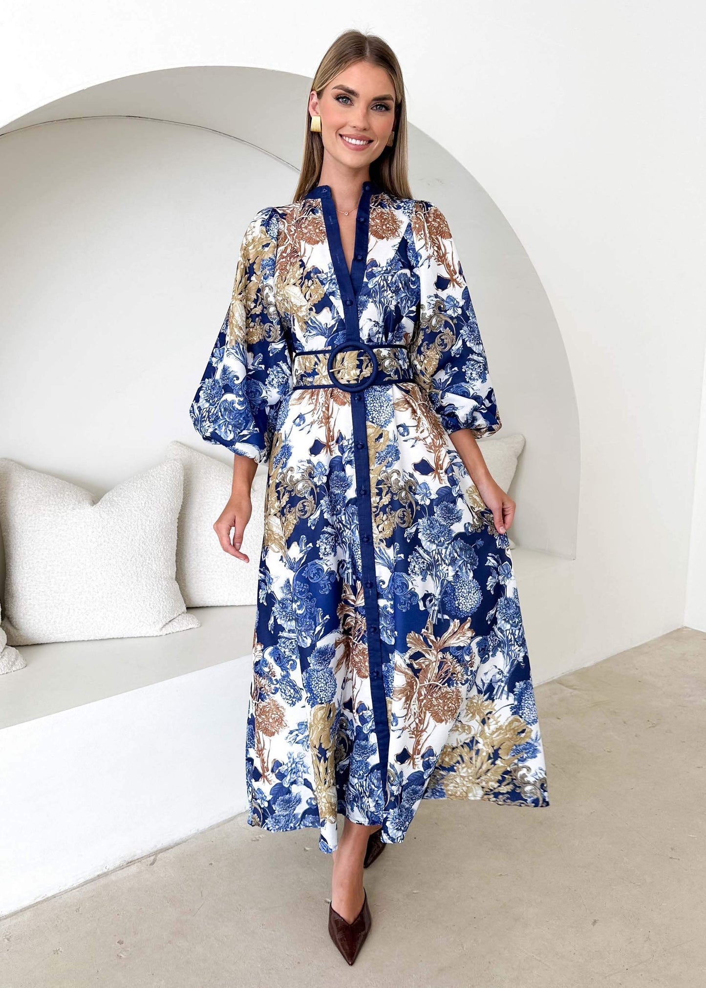 Elegant Floral Print V-Neck Long Sleeve Maxi Dress