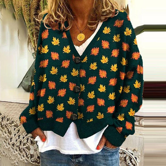 Fresh Green Leaf Print V-Neck Cardigan