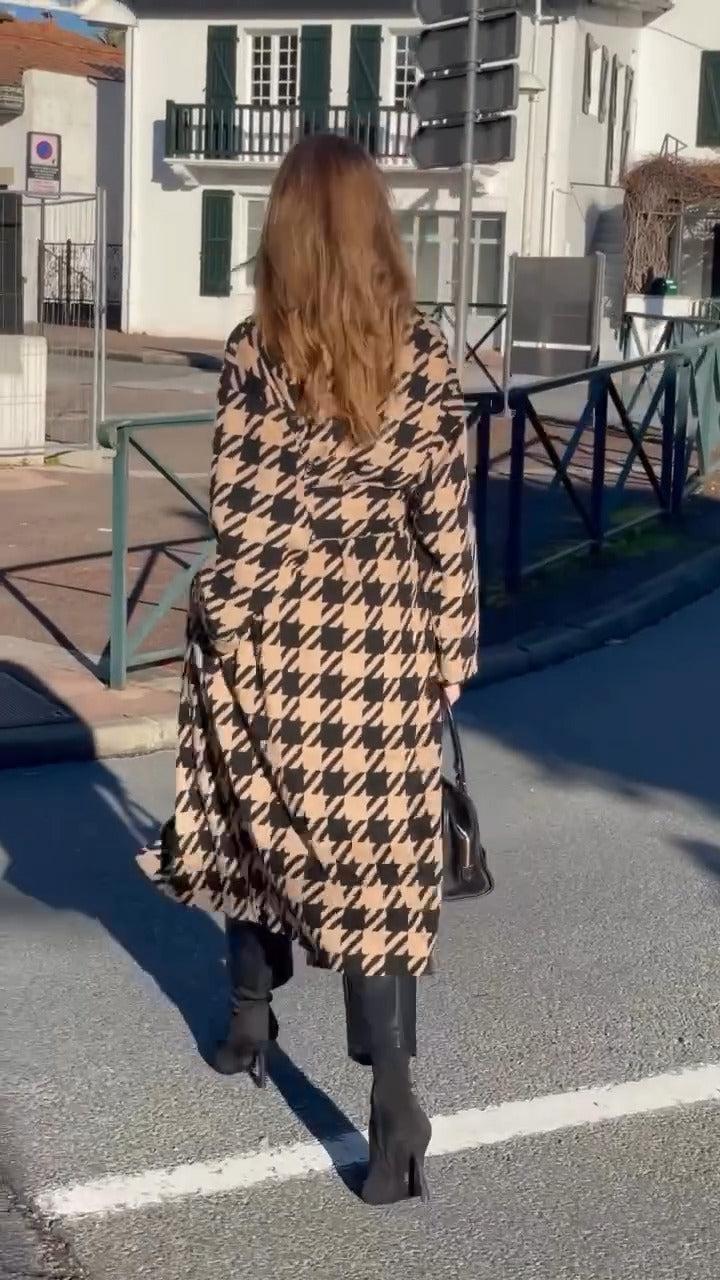 Manteau à poches latérales à imprimé pied-de-poule tendance 