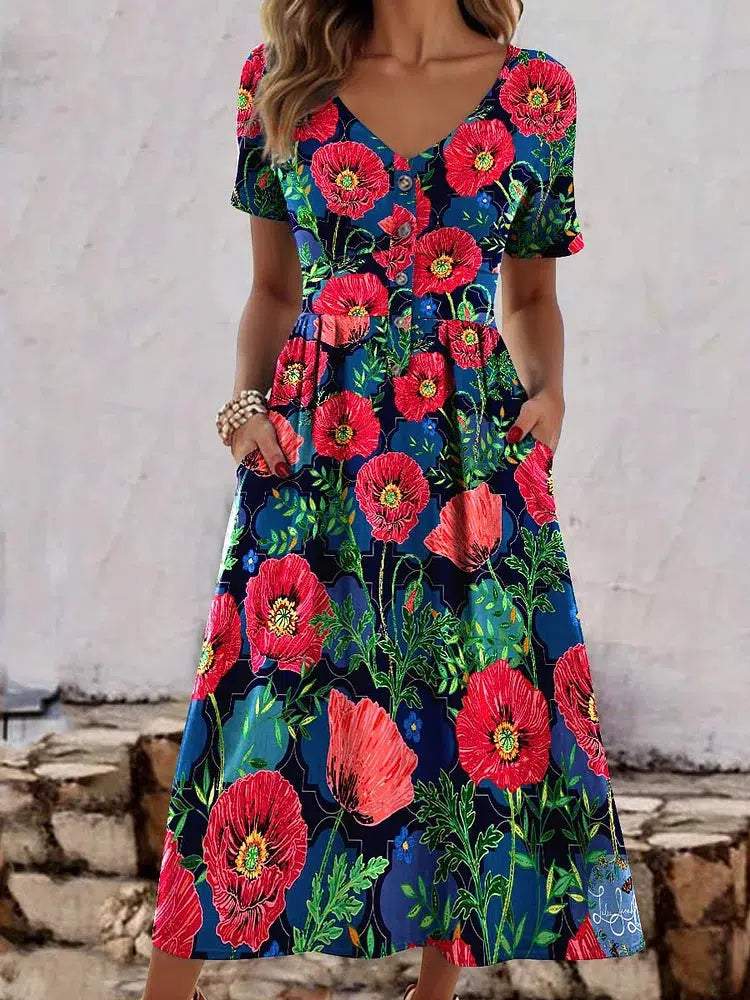 Romantic Floral Print Short Sleeve Midi Dress