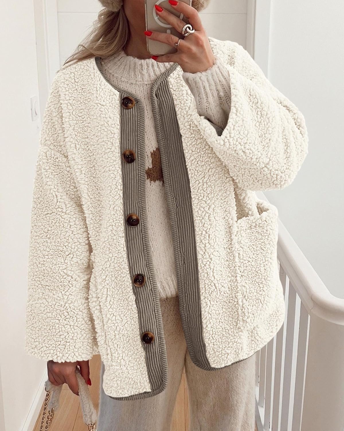 Casual Fuzzy Fleece Long Sleeve Button Jacket