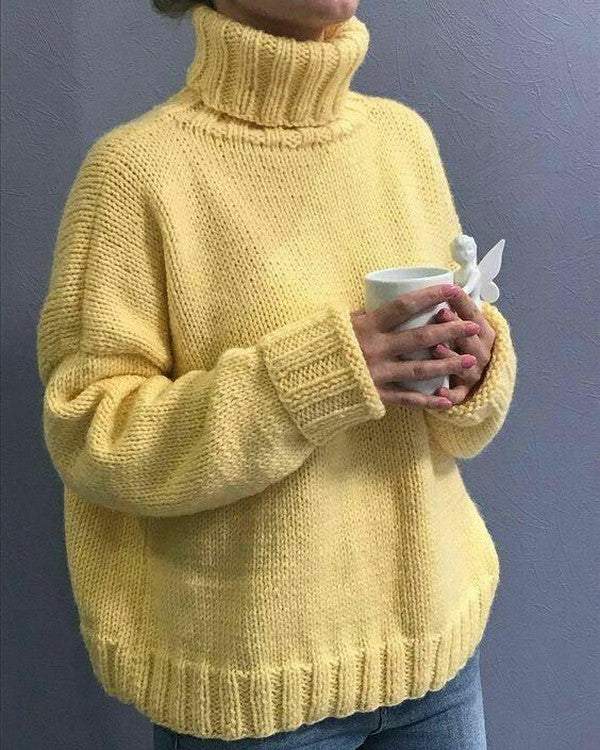 Yellow Plain High Neck Long Sleeve Sweater