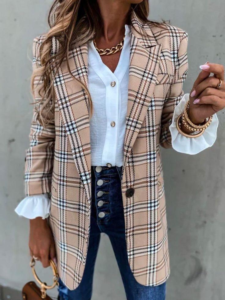 Khaki Long Sleeve Plaid Outerwear