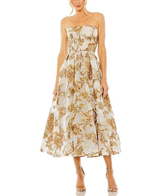 Strapless Brocade Pockets Detail Midi Dress