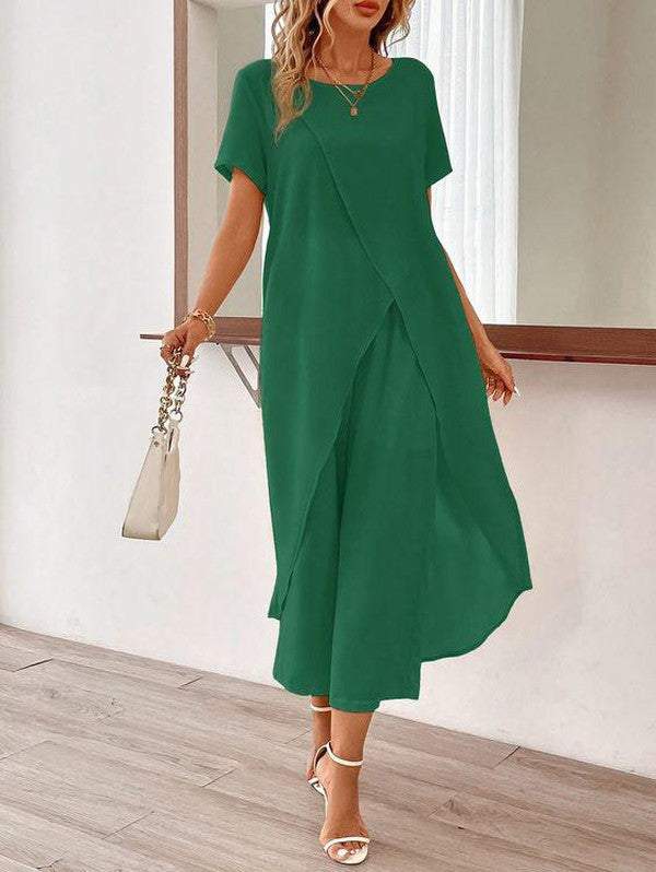 Green Round Neck Plain Two Piece Set