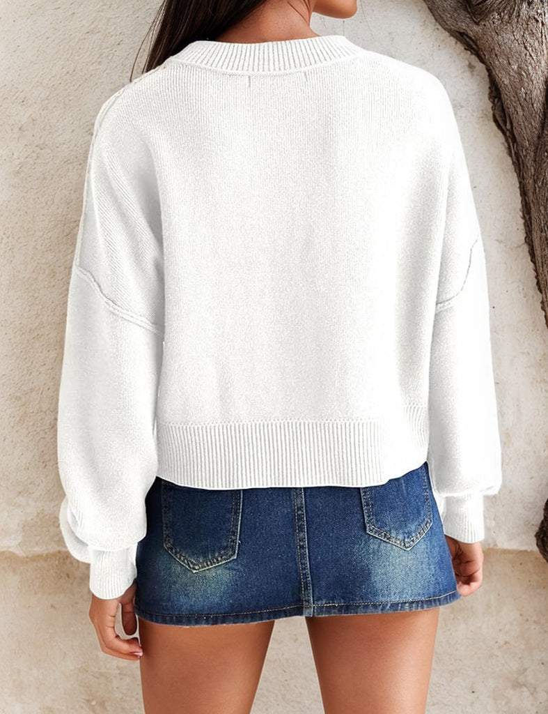 Cozy White Plain Round Neck Long Sleeve Sweater