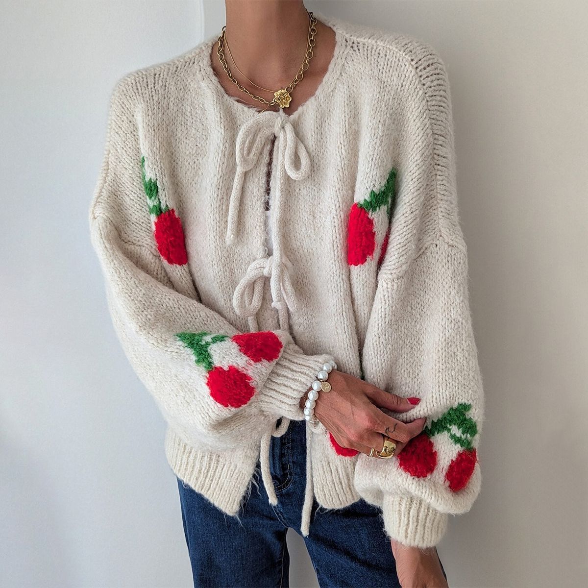 Cute Print Long Sleeve Khaki Sweater