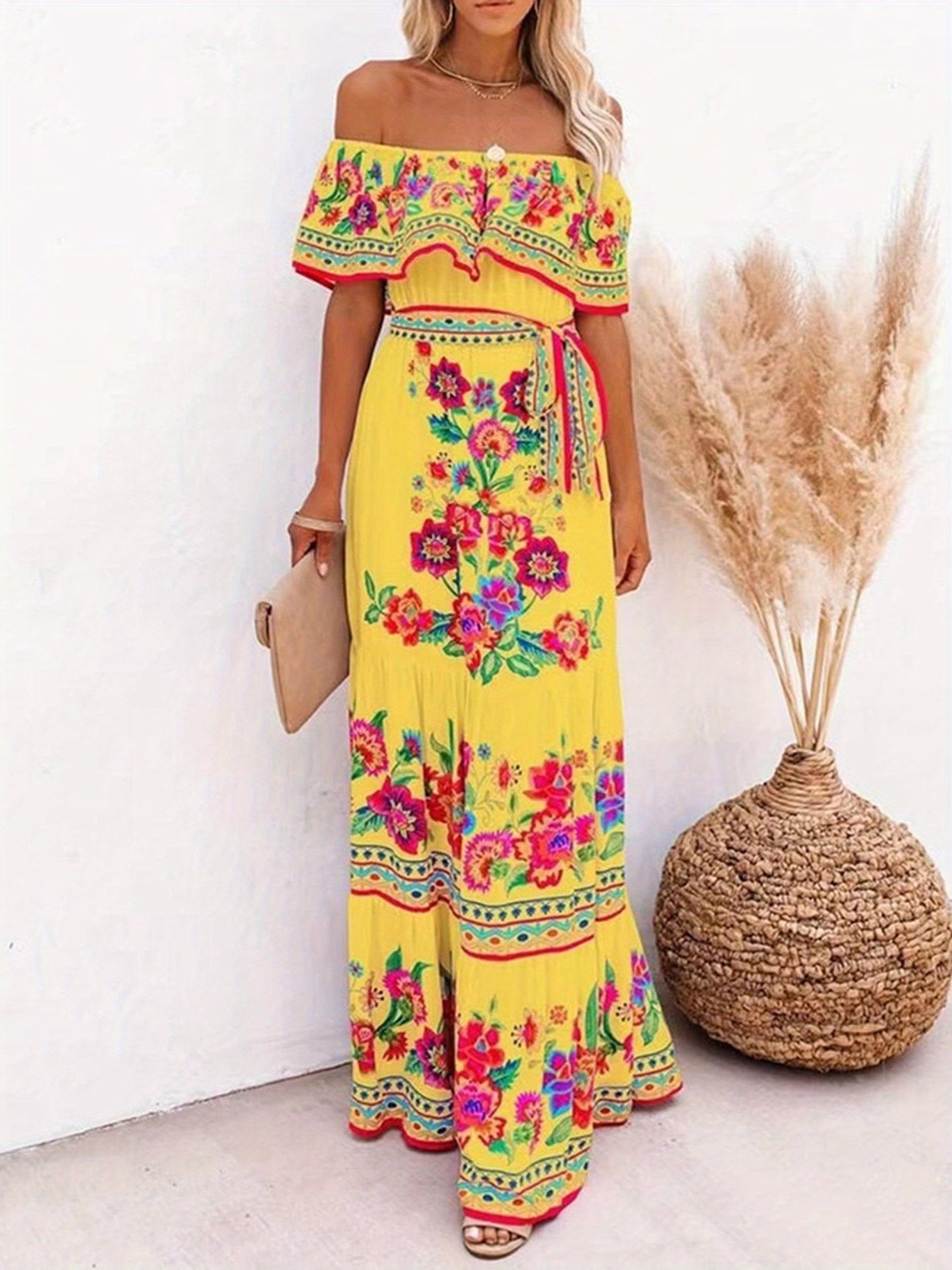 Floral Print Off Shoulder A-line Maxi Dress