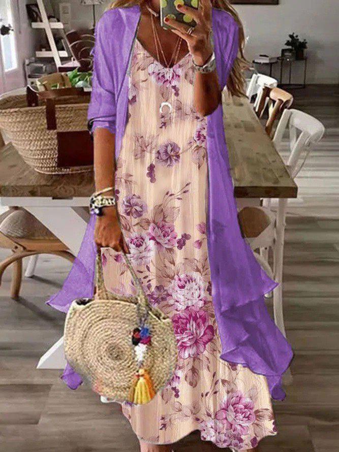 Purple Floral Print Maxi Dress With Jacket