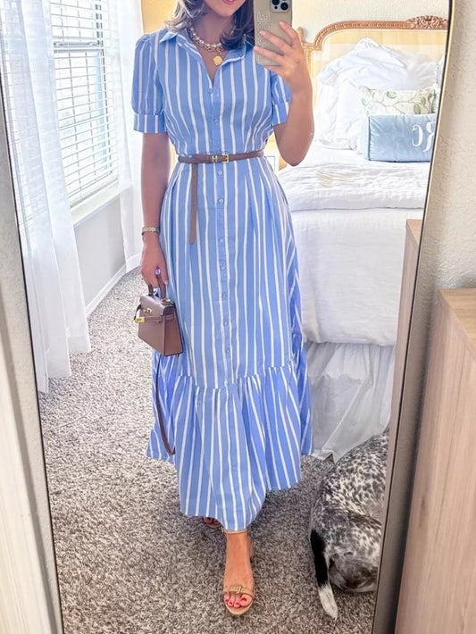 Casual Puff Short Sleeve Ruffle Hem Maxi Dresses With Belt