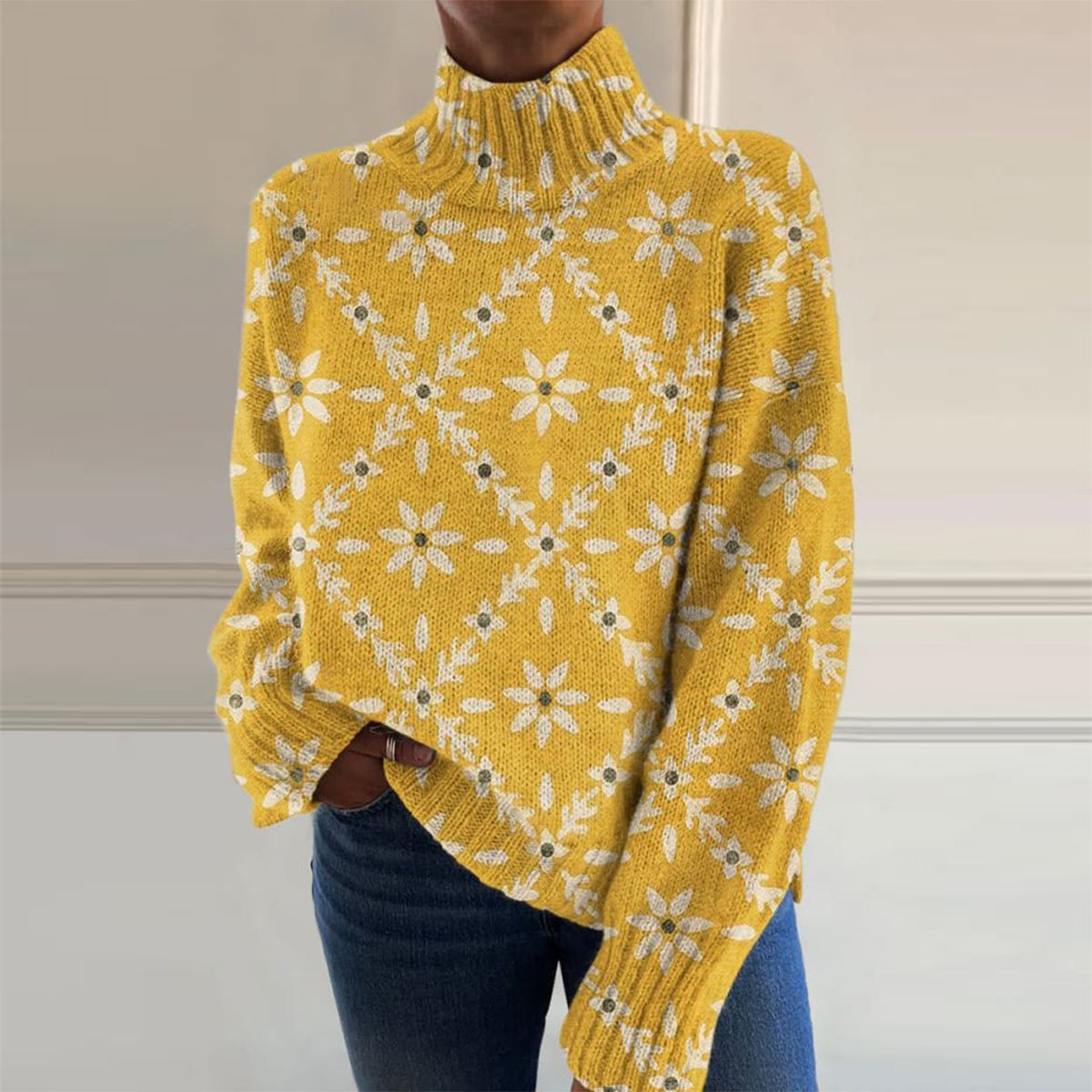 Yellow Floral Print High Neck Sweater