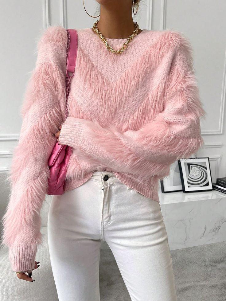 Pink Plain Round Neck Sweater