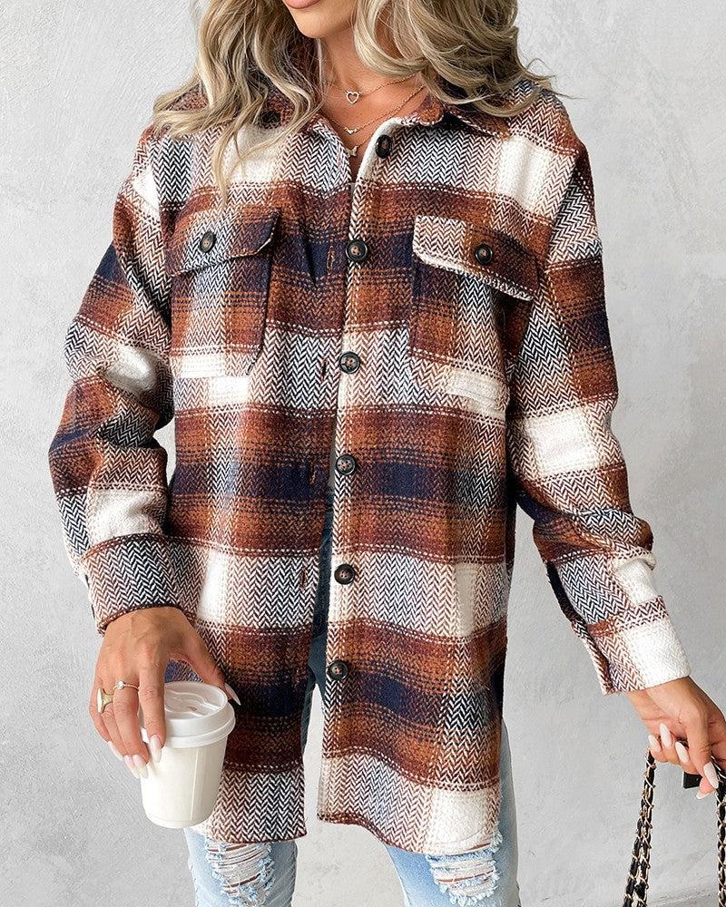 Brown Check Print Collared Long Sleeve Outerwear