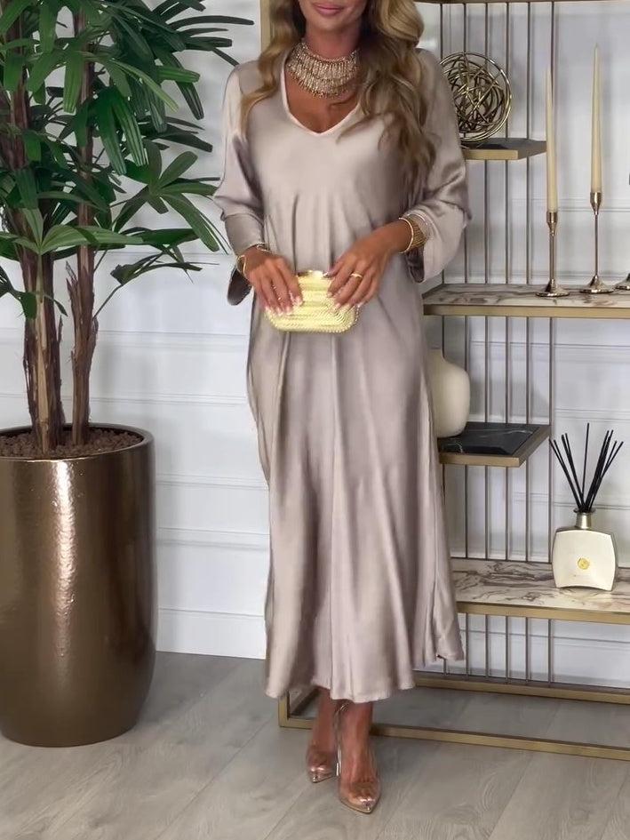 Chic Plain V-Neck Long Sleeve Maxi Dress