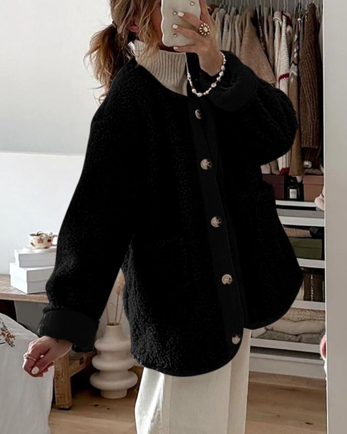 Casual Fuzzy Fleece Long Sleeve Button Jacket