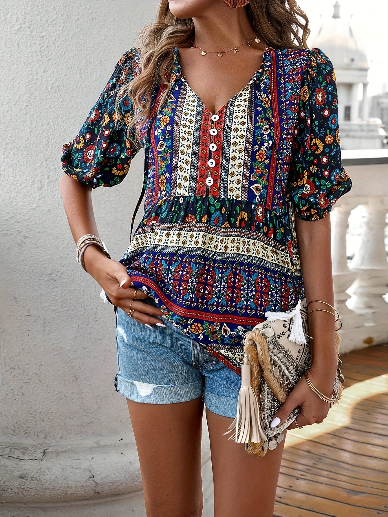 Elegant Floral Print Half Sleeve Top